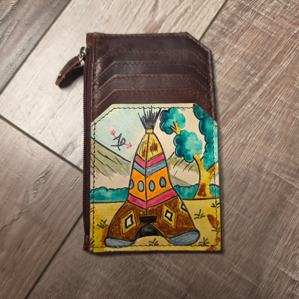 American Darling Card Holder Unisex Brown Excellent Hand Painted Leather Teepee